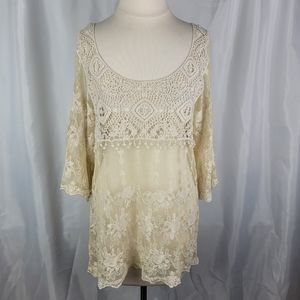 Y2K Body Central Ivory Cream Boho Lace Crochet Sheer Long Sleeve Top Size Large